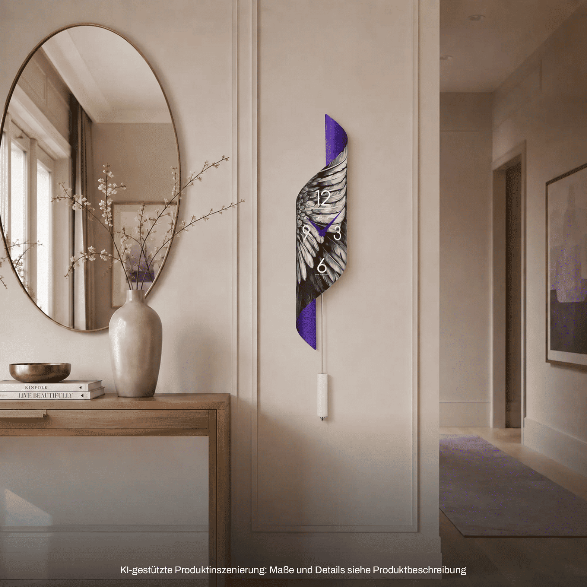 Hermle Wanduhr Pendeldesign an der Wand, geschwungenes Ziffernblatt, dunkel mit violettem Rand