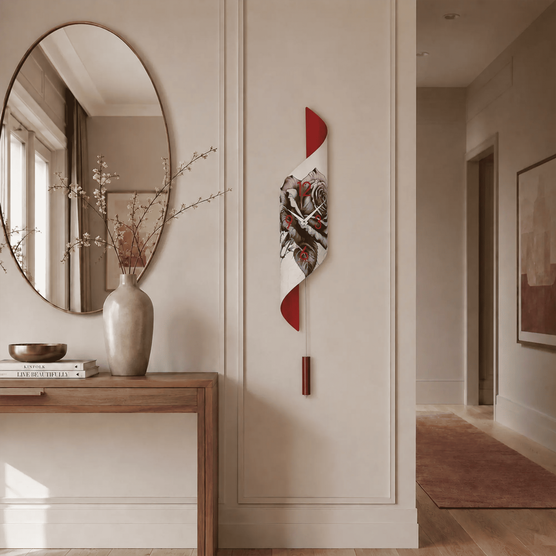 "Reloj de pared en la pared con esfera blanca, detalles rojos y diseño negro"