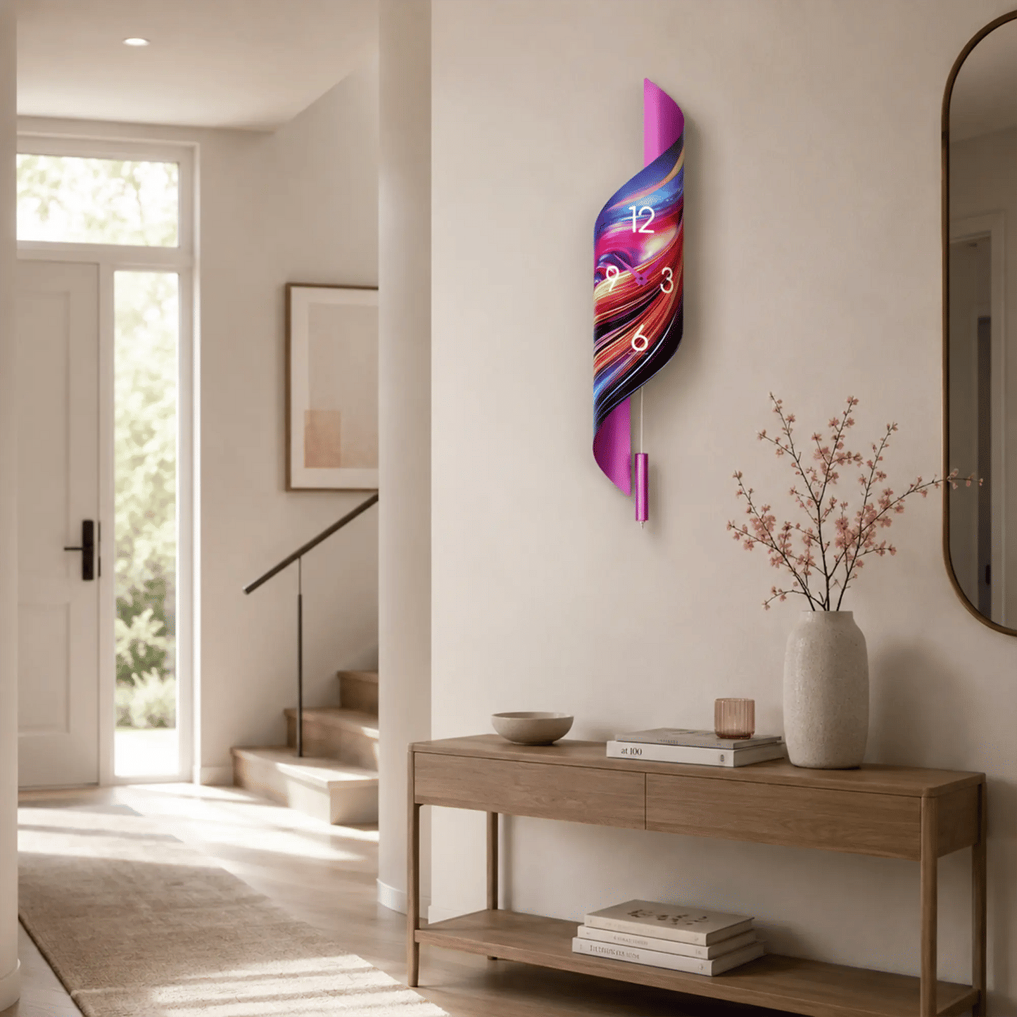 Reloj de pared con diseño de ondas de colores, péndulo morado y números blancos en la pared
