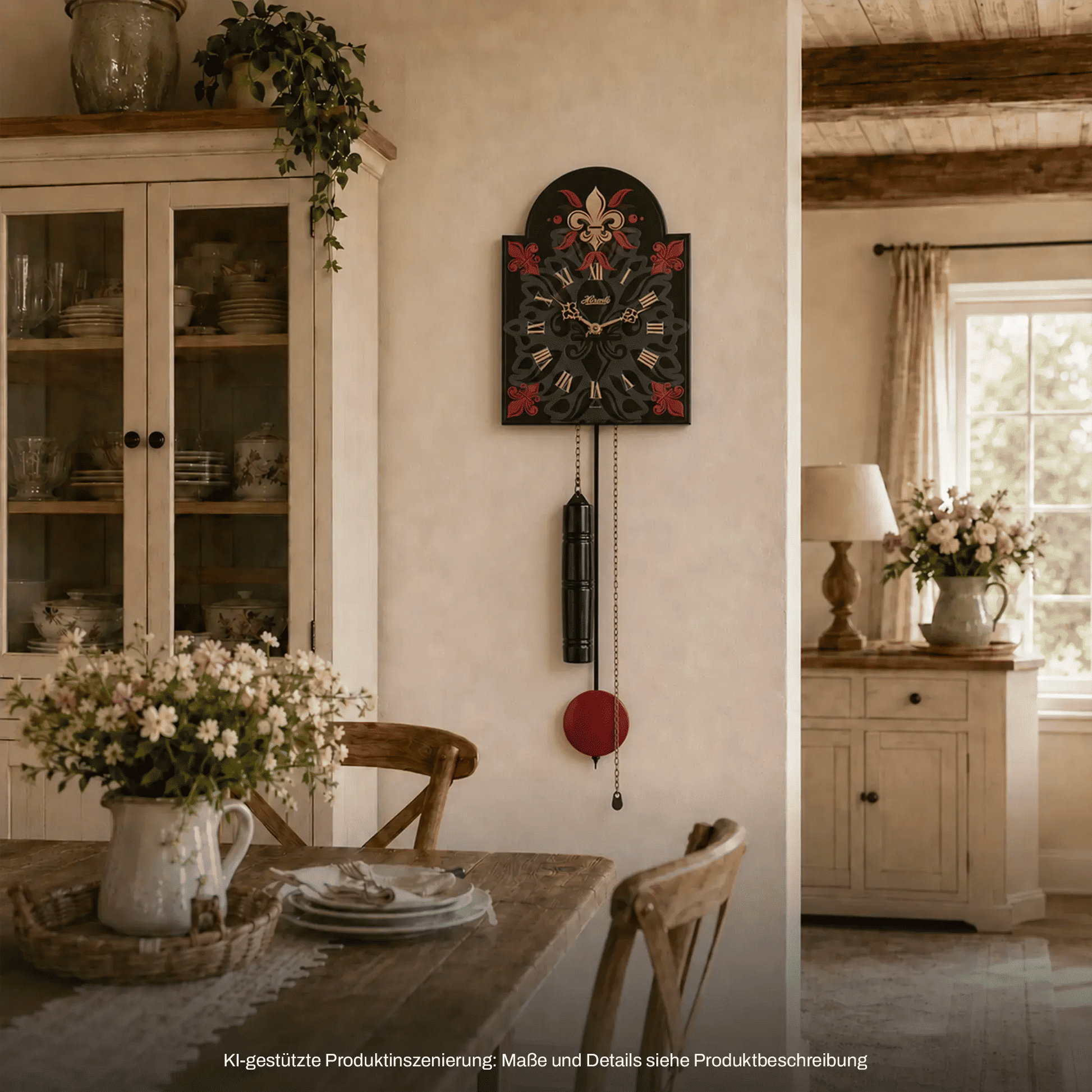 Wanduhr an der Wand mit schwarzem Blumenmotiv, Pendel und roter Kugel, Kette.
