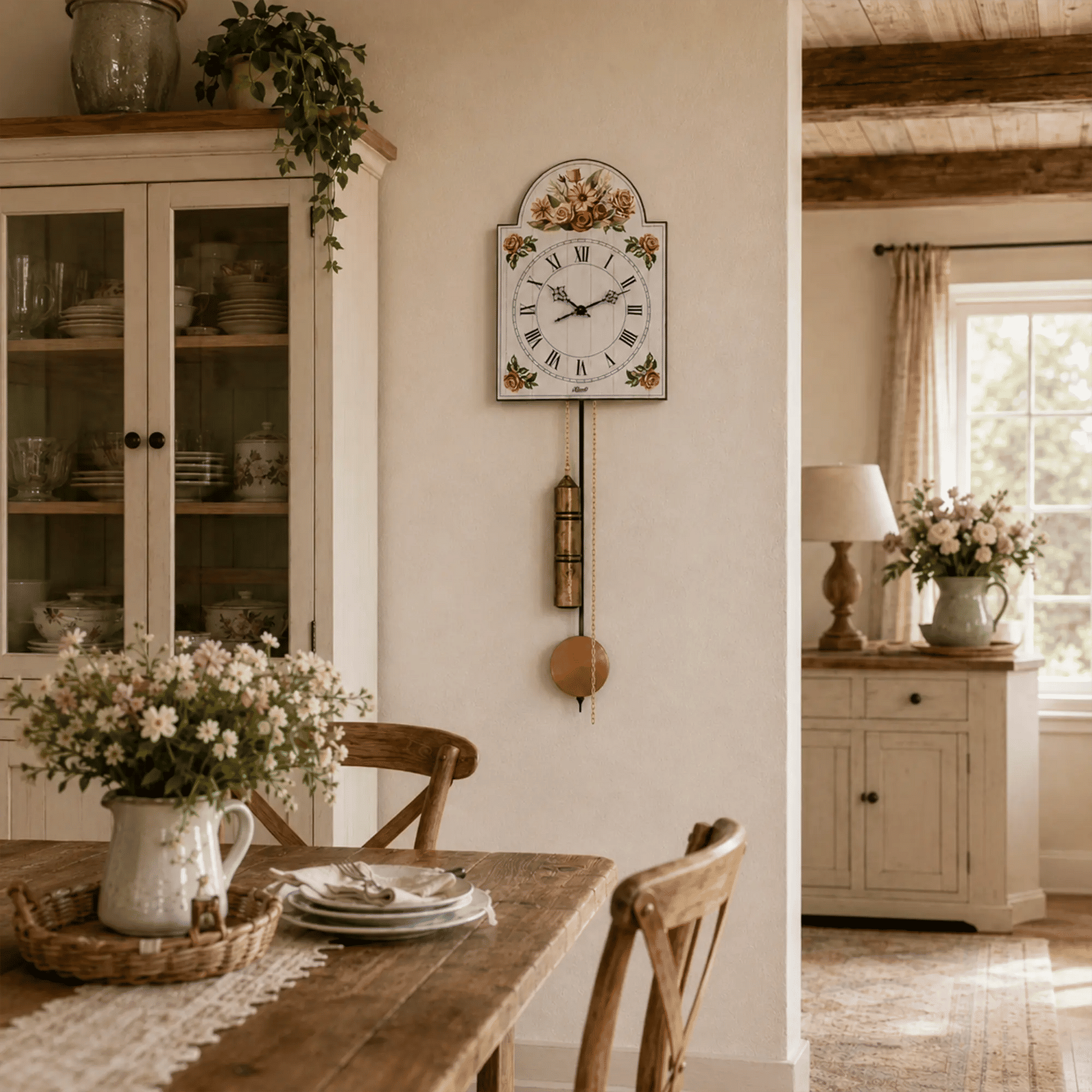 Reloj de pared con esfera de flores y péndulo dorado en marco de madera