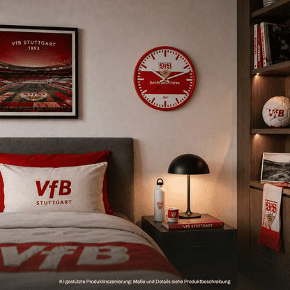 Rote Wanduhr mit weißen Indexen und VfB-Stuttgart-Emblem, geräuschloses Quarzwerk