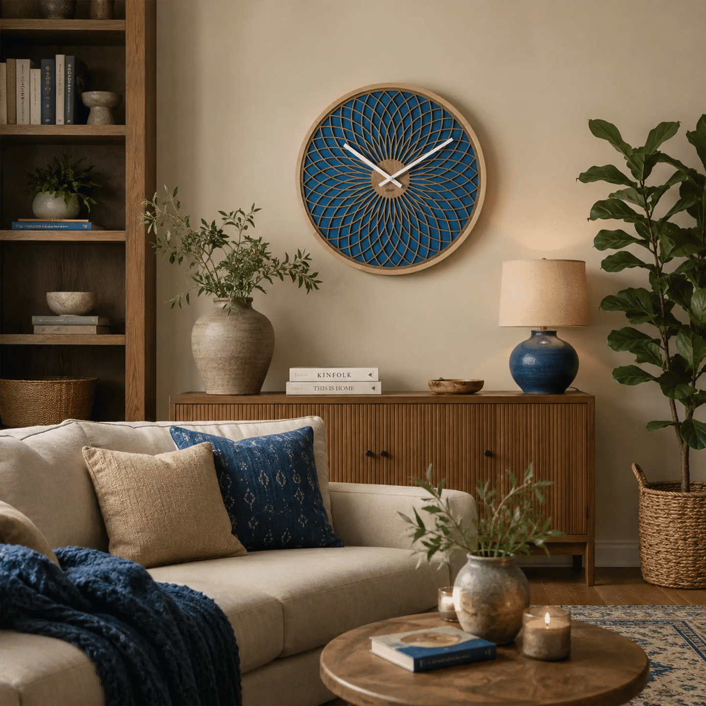 "Reloj de pared con diseño de rejilla azul, marco redondo de madera y manecillas blancas"