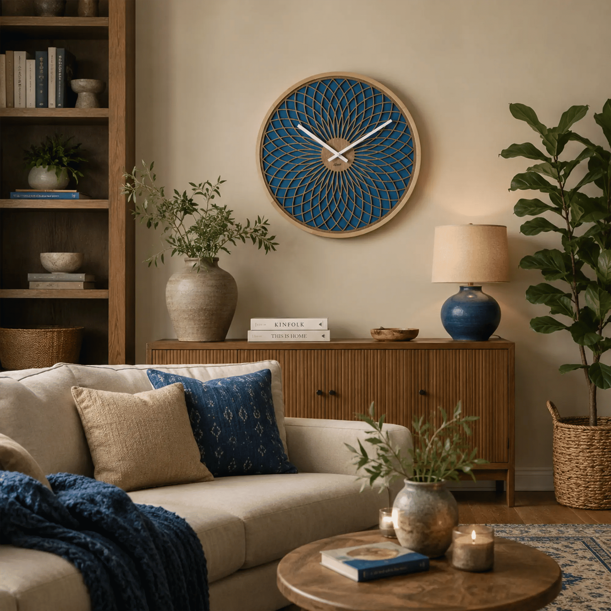 "Reloj de pared con diseño de rejilla azul, marco redondo de madera y manecillas blancas"