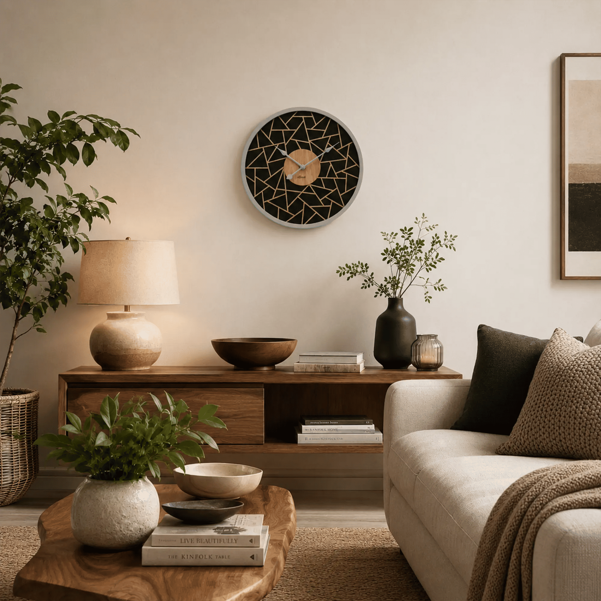 "Reloj de pared en la pared: patrón redondo negro con líneas doradas y esfera de madera"