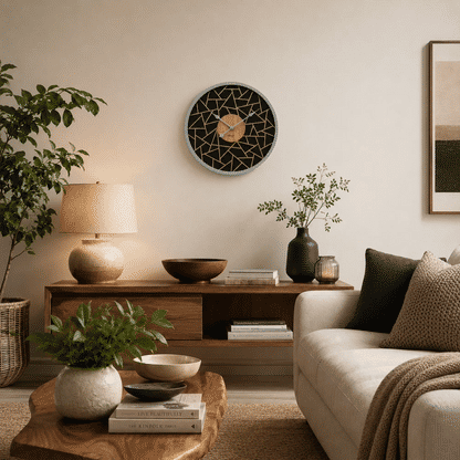 "Reloj de pared en la pared: patrón redondo negro con líneas doradas y esfera de madera"