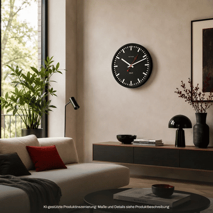 Runde Wanduhr mit schwarzem Zifferblatt, roten Zeigern und weißen Stundenmarken