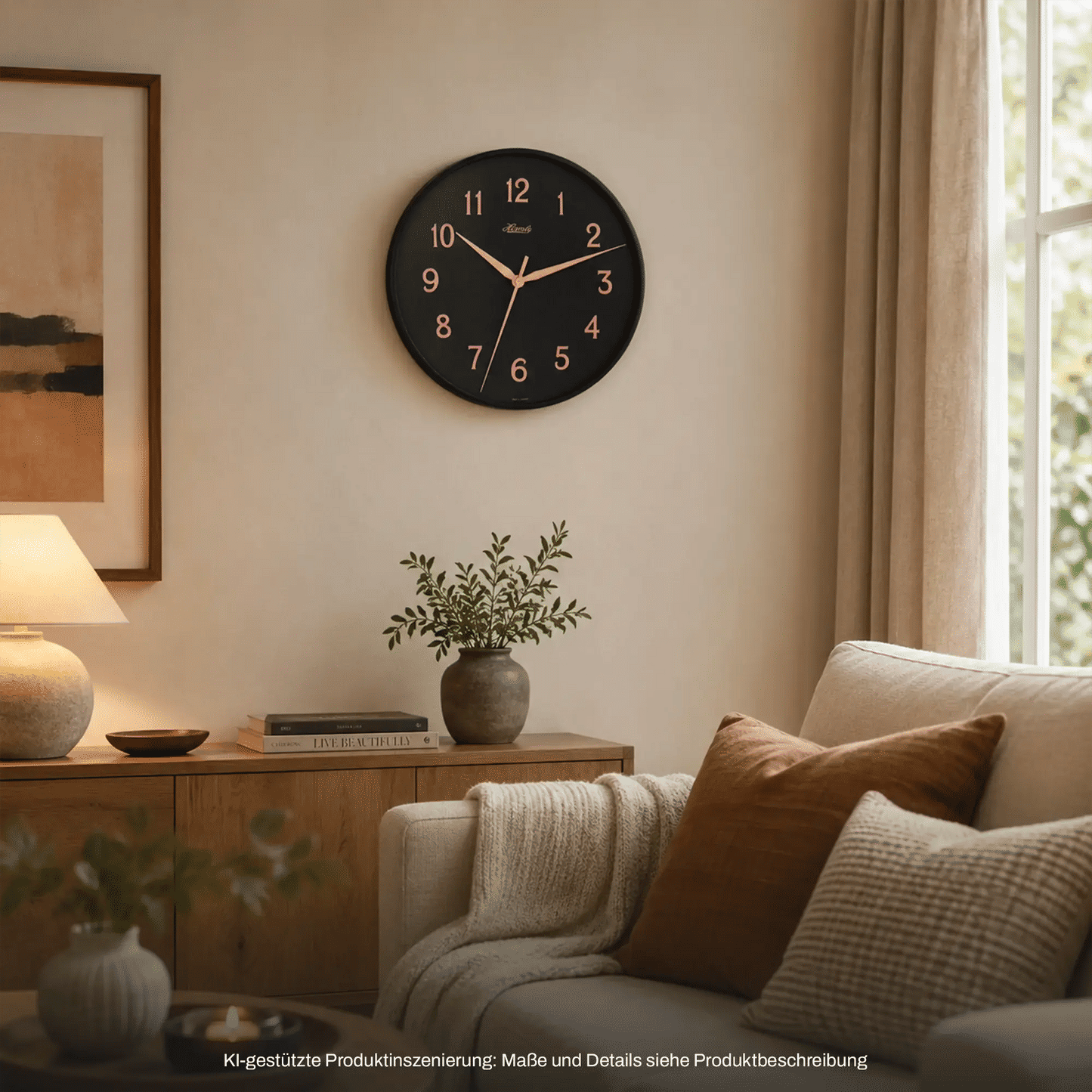 Runde Wanduhr an der Wand mit schwarzem Zifferblatt, hellen Zeigern und Ziffern