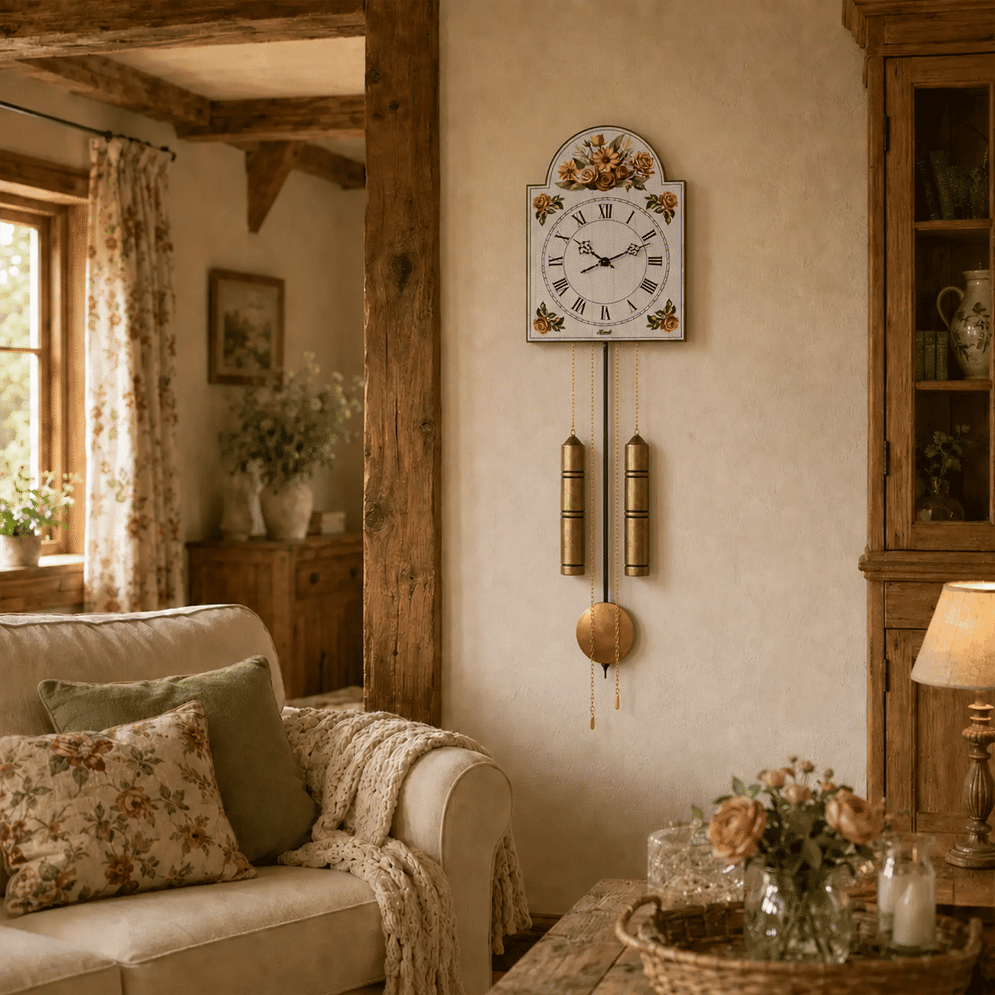 Reloj de pared con esfera de flores, péndulo dorado y parte redonda de repique