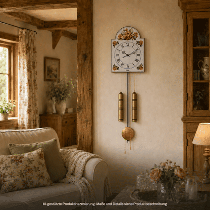 Wanduhr an Wand mit floralem Zifferblatt und zwei Messingpendeln, rundes goldenes Gewicht