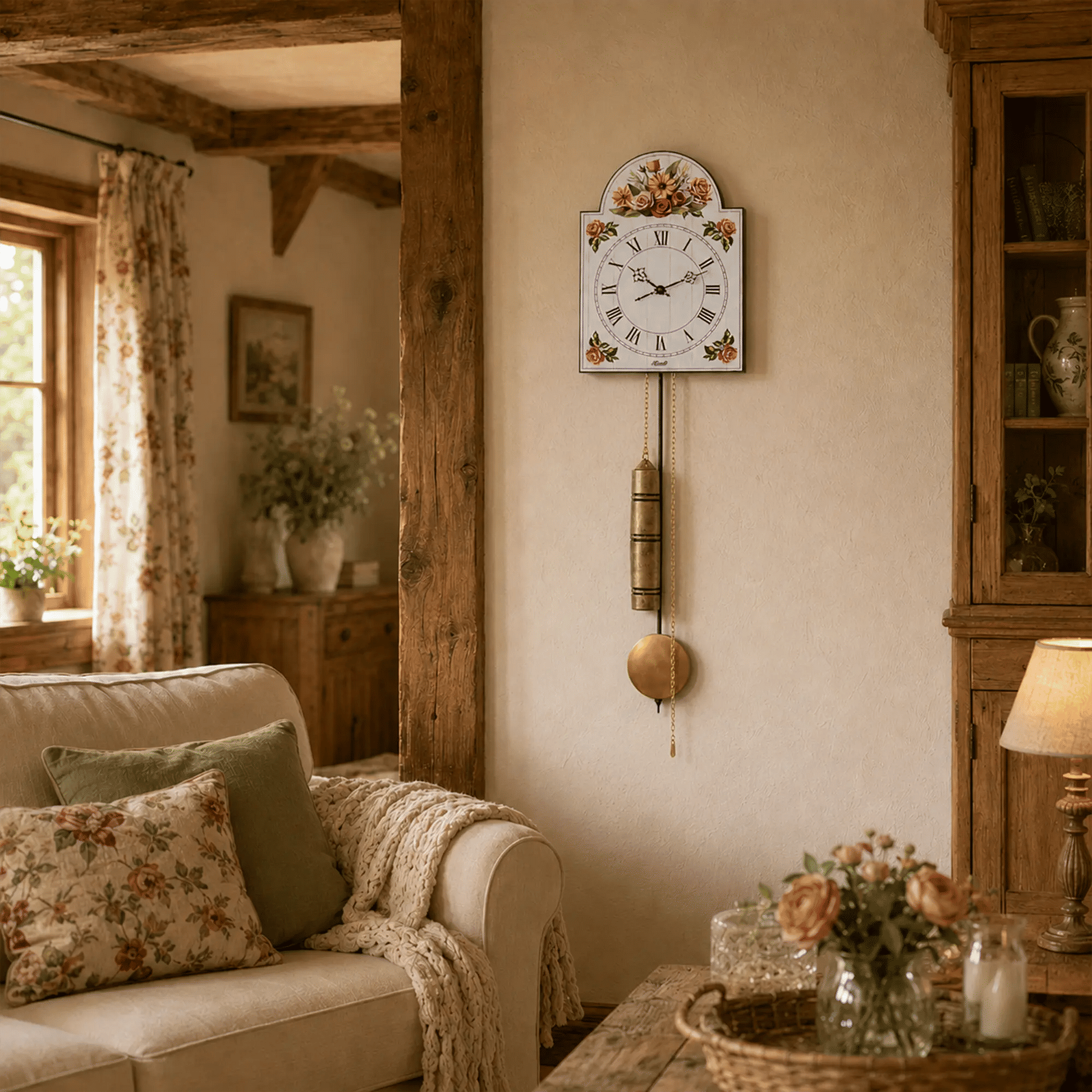 "Reloj de pared con esfera de flores y péndulo dorado, peso de péndulo redondo"
