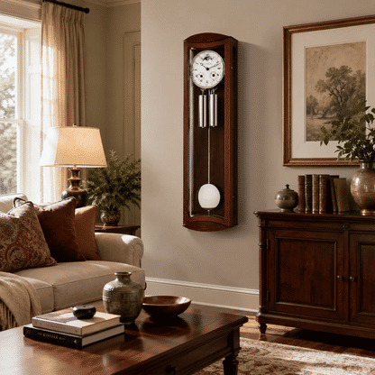 Reloj de pared de madera con esfera redonda, varillas laterales de péndulo y peso de péndulo blanco
