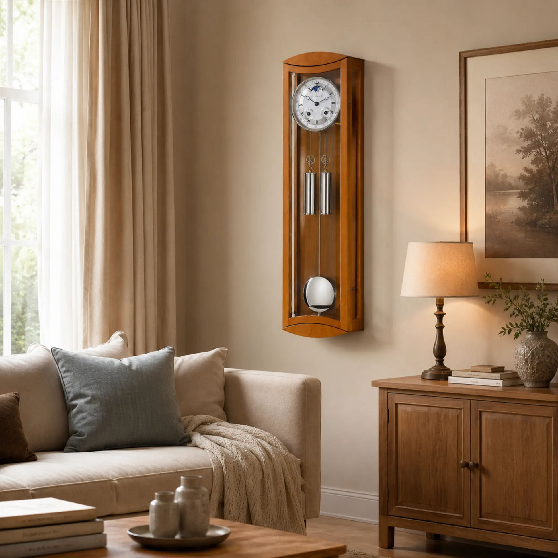 Reloj de pared de madera con esfera redonda, ventana de cristal y péndulo de metal