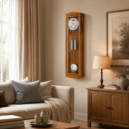 Reloj de pared de madera con esfera redonda, ventana de cristal y péndulo de metal