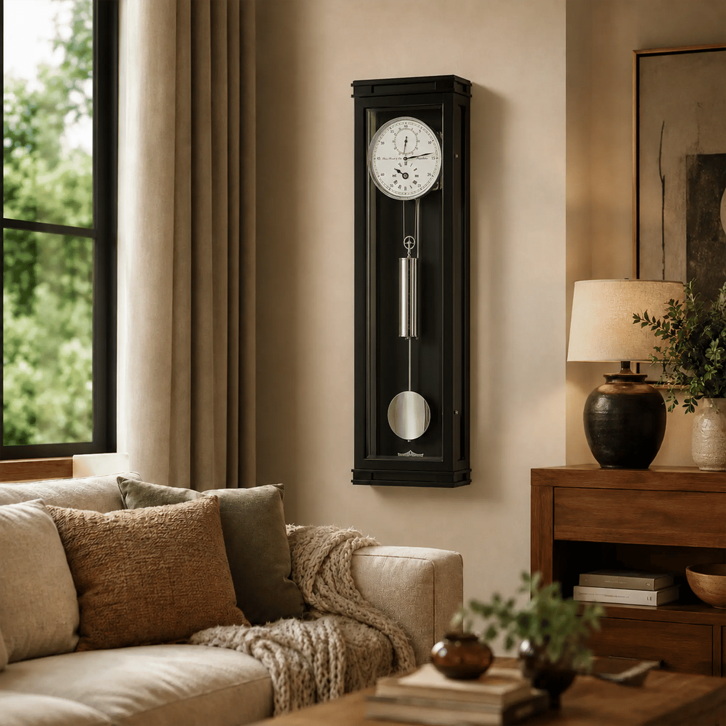 "Reloj de pared con caja negra, péndulo redondo y esfera blanca en la sala de estar."