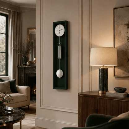 Reloj de pared verde en la pared con esfera redonda, péndulo plateado y péndulo de bola