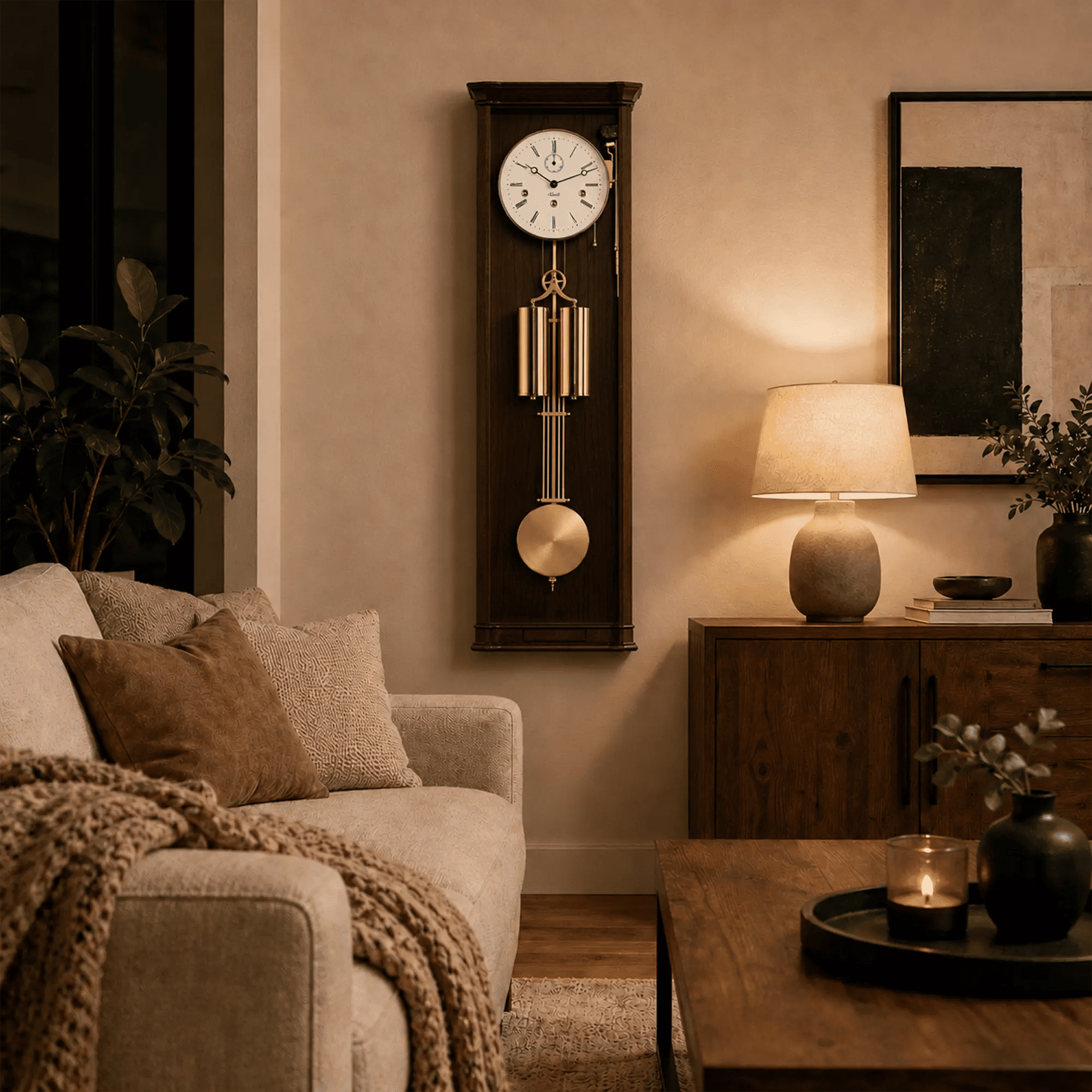 Reloj de pared de nogal con péndulo de latón y pesa redonda, esfera blanca