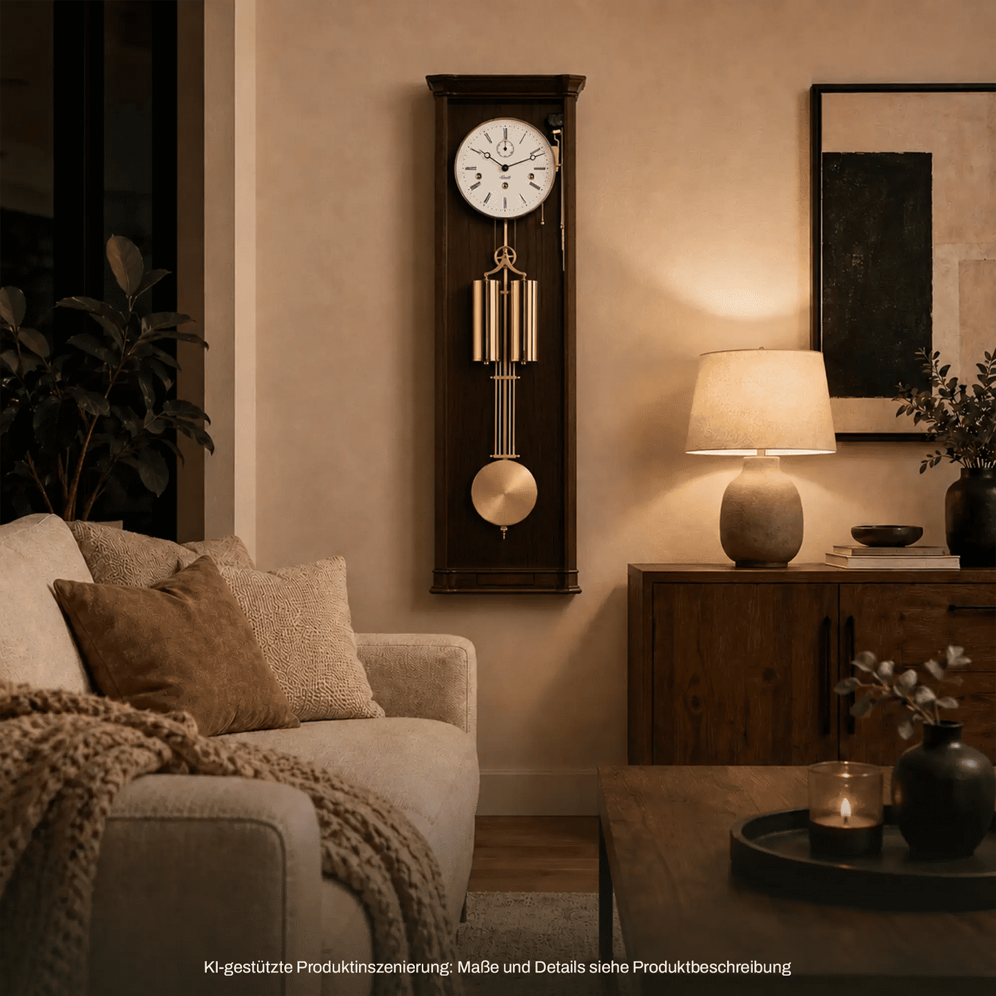 Wanduhr aus dunklem Holz mit weißem Zifferblatt und goldfarbenem Klangpendel