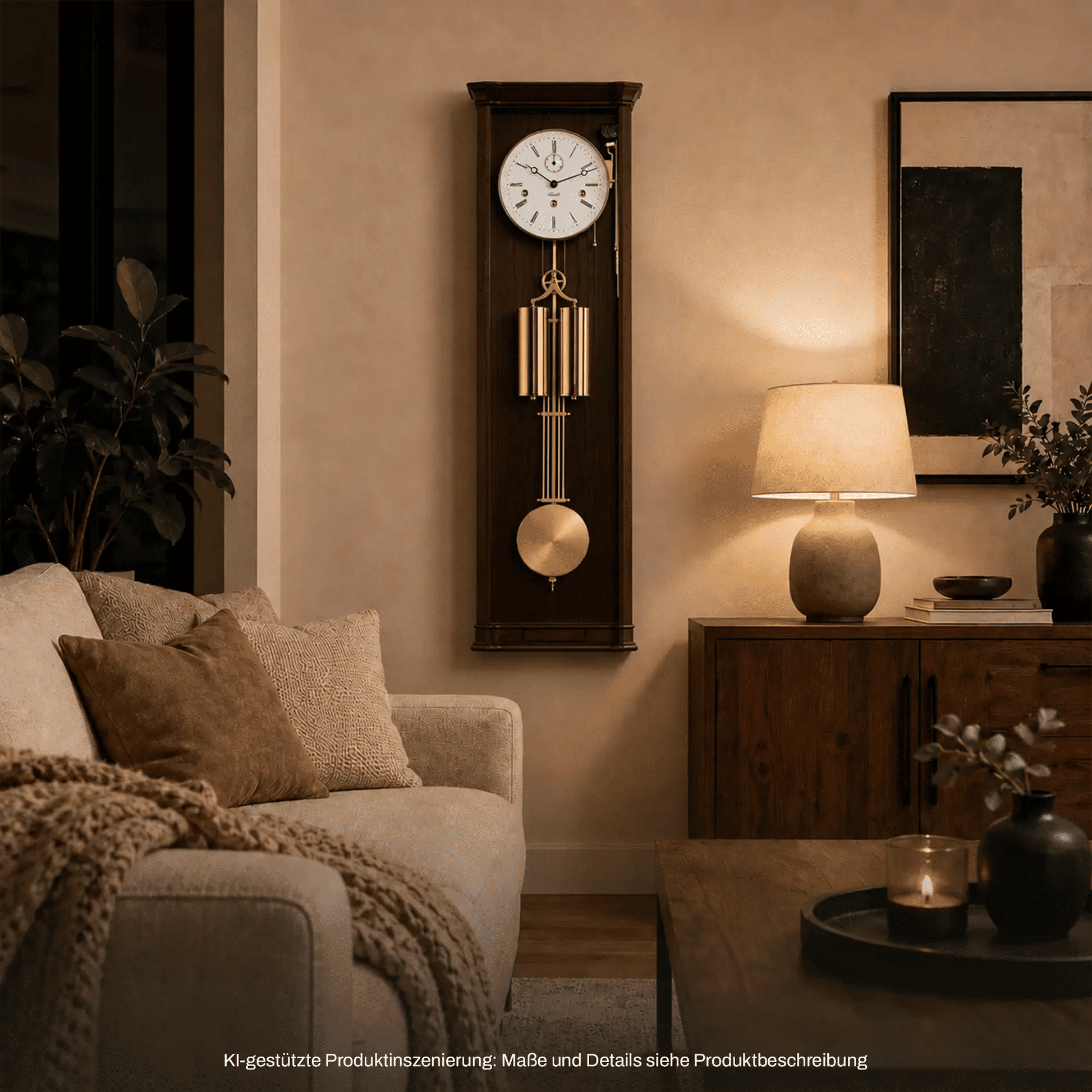 Wanduhr aus dunklem Holz mit weißem Zifferblatt und goldfarbenem Klangpendel