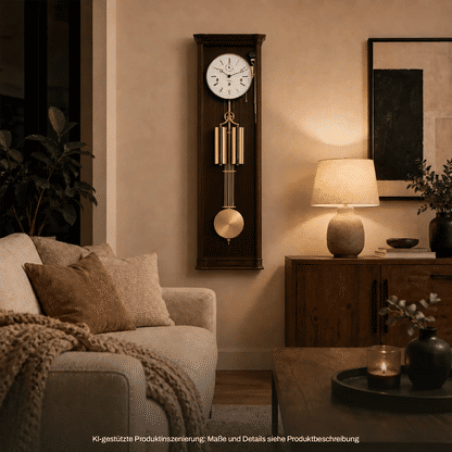 Wanduhr aus dunklem Holz mit weißem Zifferblatt und goldfarbenem Klangpendel