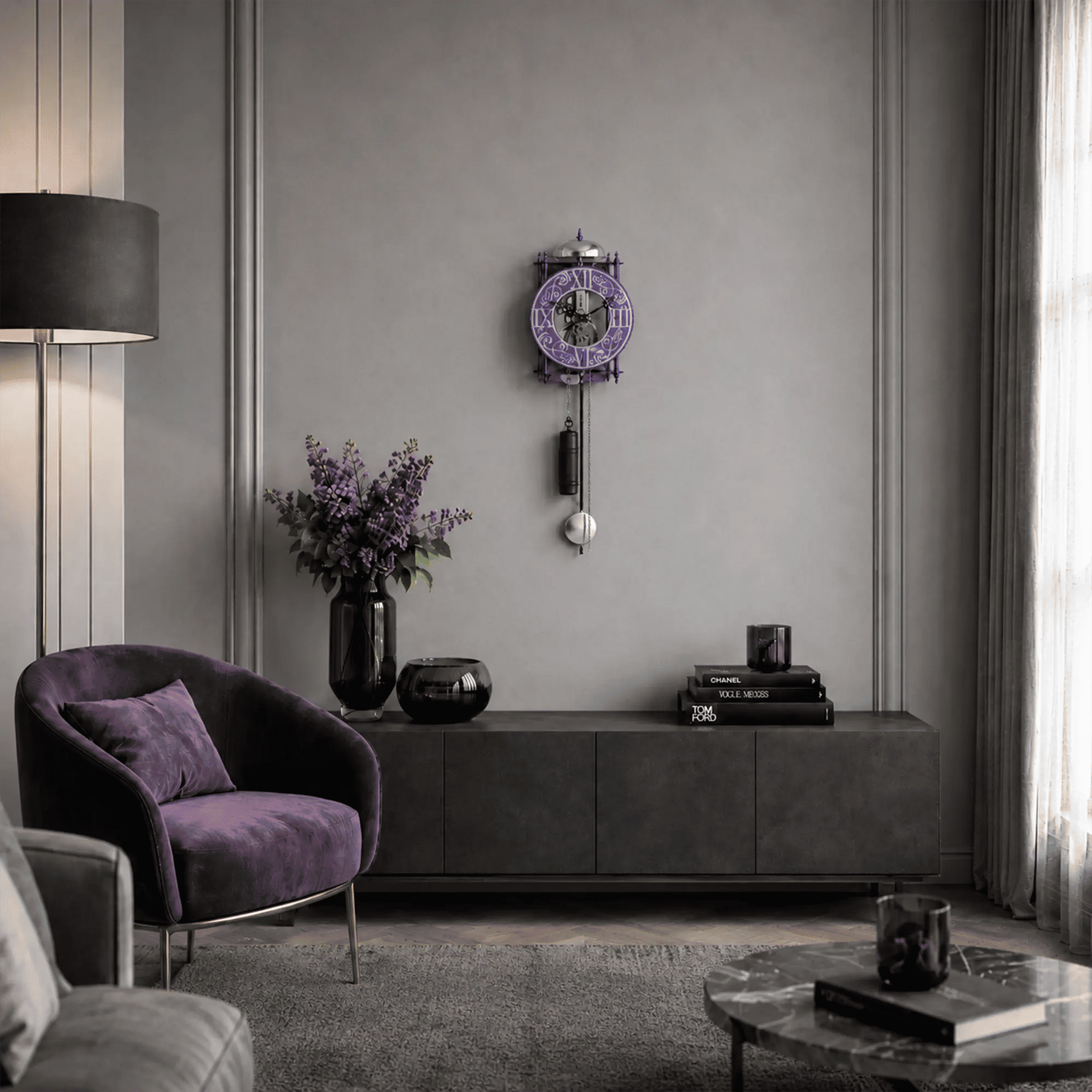 Reloj de pared con esfera violeta y péndulo de cadena, caja de reloj negra