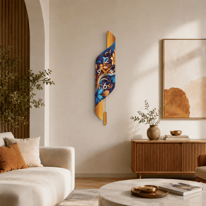 Reloj de pared con diseño floral abstracto, borde dorado y varilla colgante con péndulo