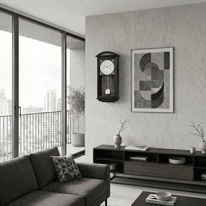 Reloj de pared en marco de madera oscura con ventana redonda de cristal, esfera blanca y péndulo