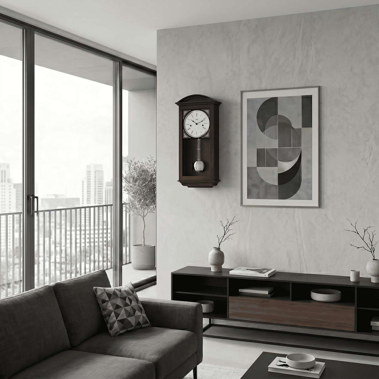 "Reloj de pared de madera con caja de madera marrón oscuro, esfera blanca y péndulo"