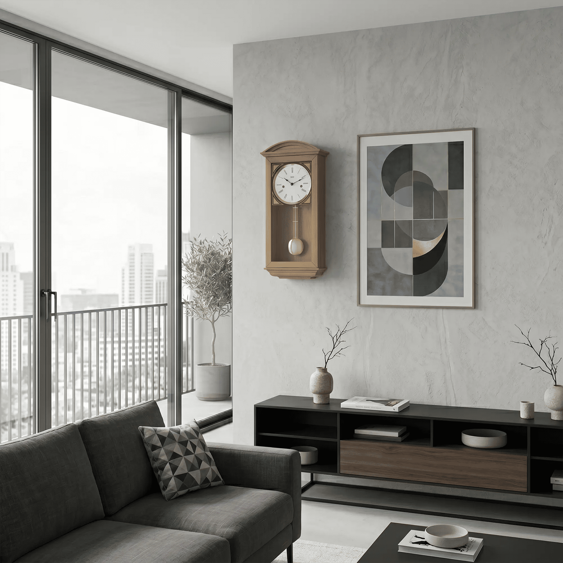 Reloj de pared de madera con esfera blanca y péndulo en marco de madera, colgado en la pared.