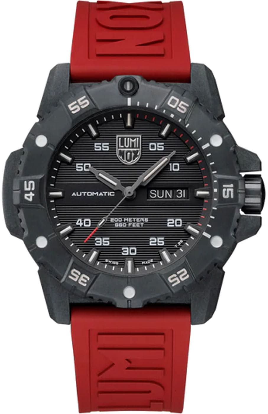 Reloj automático con esfera negra, correa de silicona roja y bisel de carbono, fecha visible