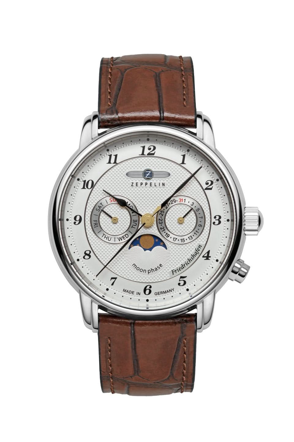 Reloj Zeppelin para hombre con correa de cuero marrón, caja plateada y esfera de fases lunares.