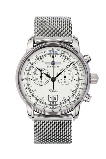 Srebrny zegarek męski Zeppelin z metalową bransoletą typu mesh, tarczą chronografu i przyciskami