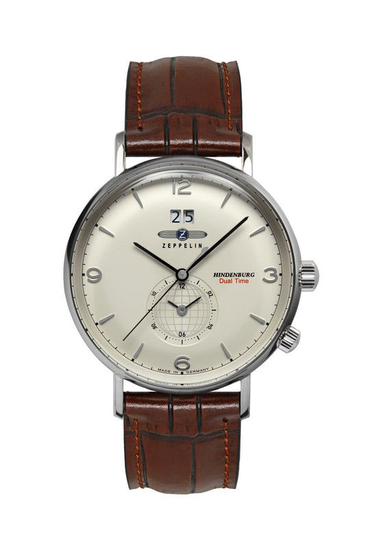 Zeppelin Hindenburg 8044-5 Herrenuhr Beige • Schweizer Quarzwerk Ronda 6203.B • Dual-Time Funktion