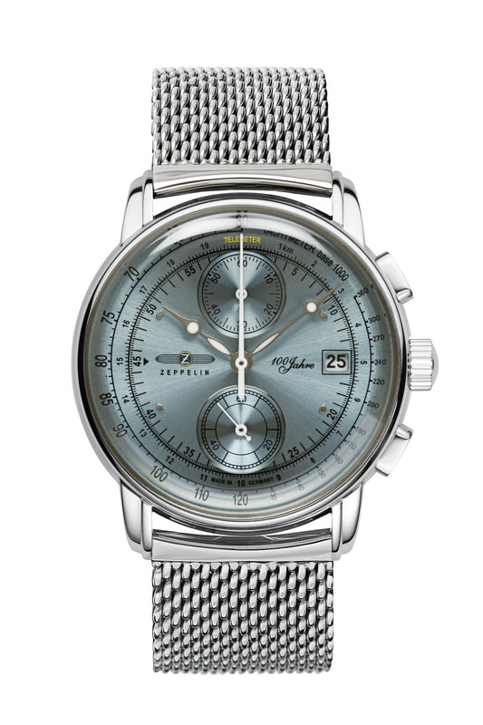 Zeppelin 100 Jahre 8670M-4 Herrenuhr Eisblau • Chronograph • Mineralglas K1