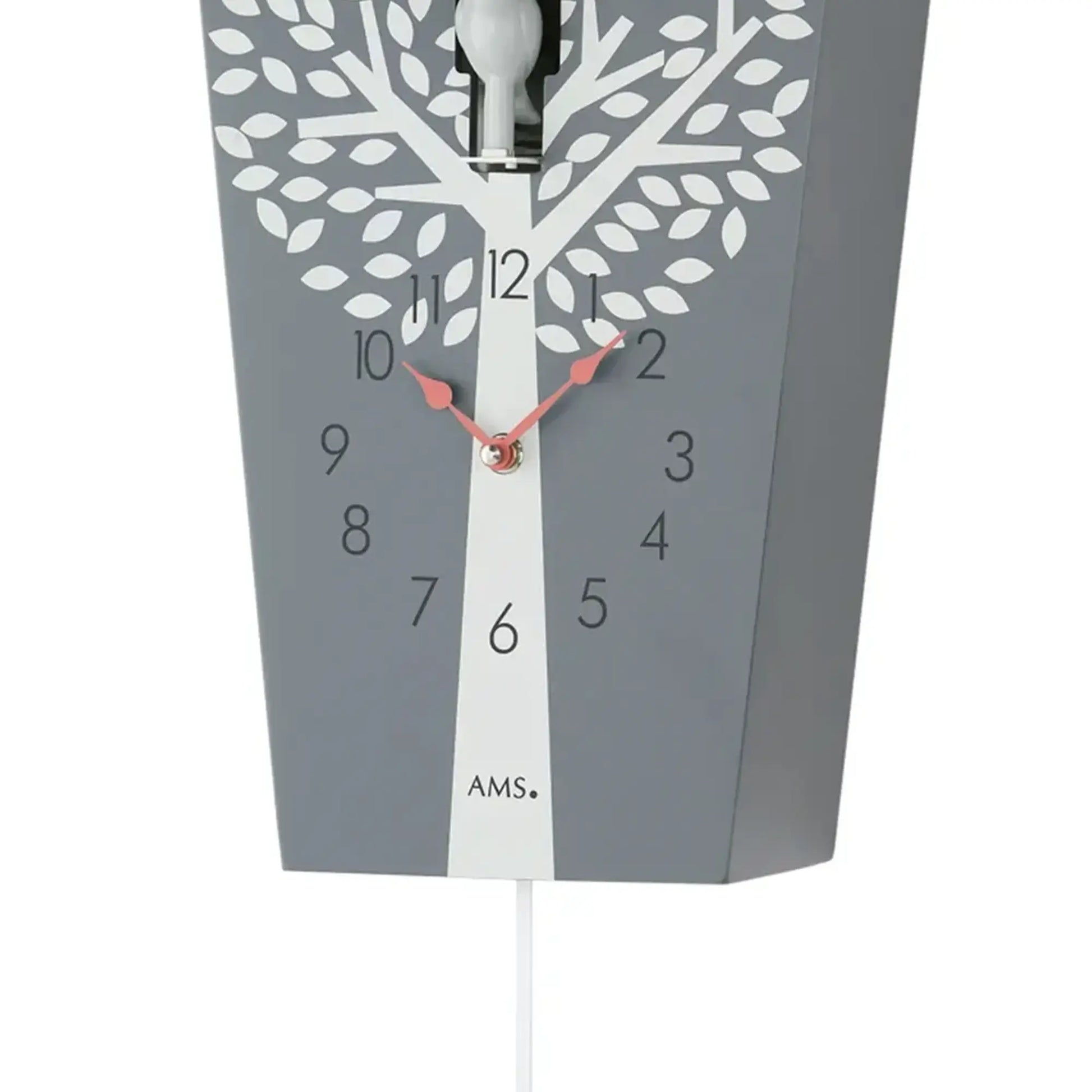 Wanduhr-Zifferblatt mit Kuckucksvitrine, roten Zeigern und Baumblatt-Dekor