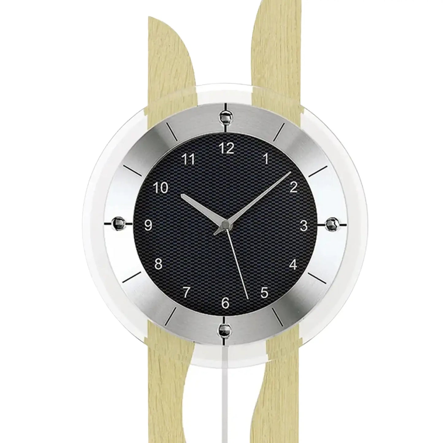 Wanduhr-Zifferblatt: schwarzes Display mit Stundenmarken, silberner Rahmen und Pendel