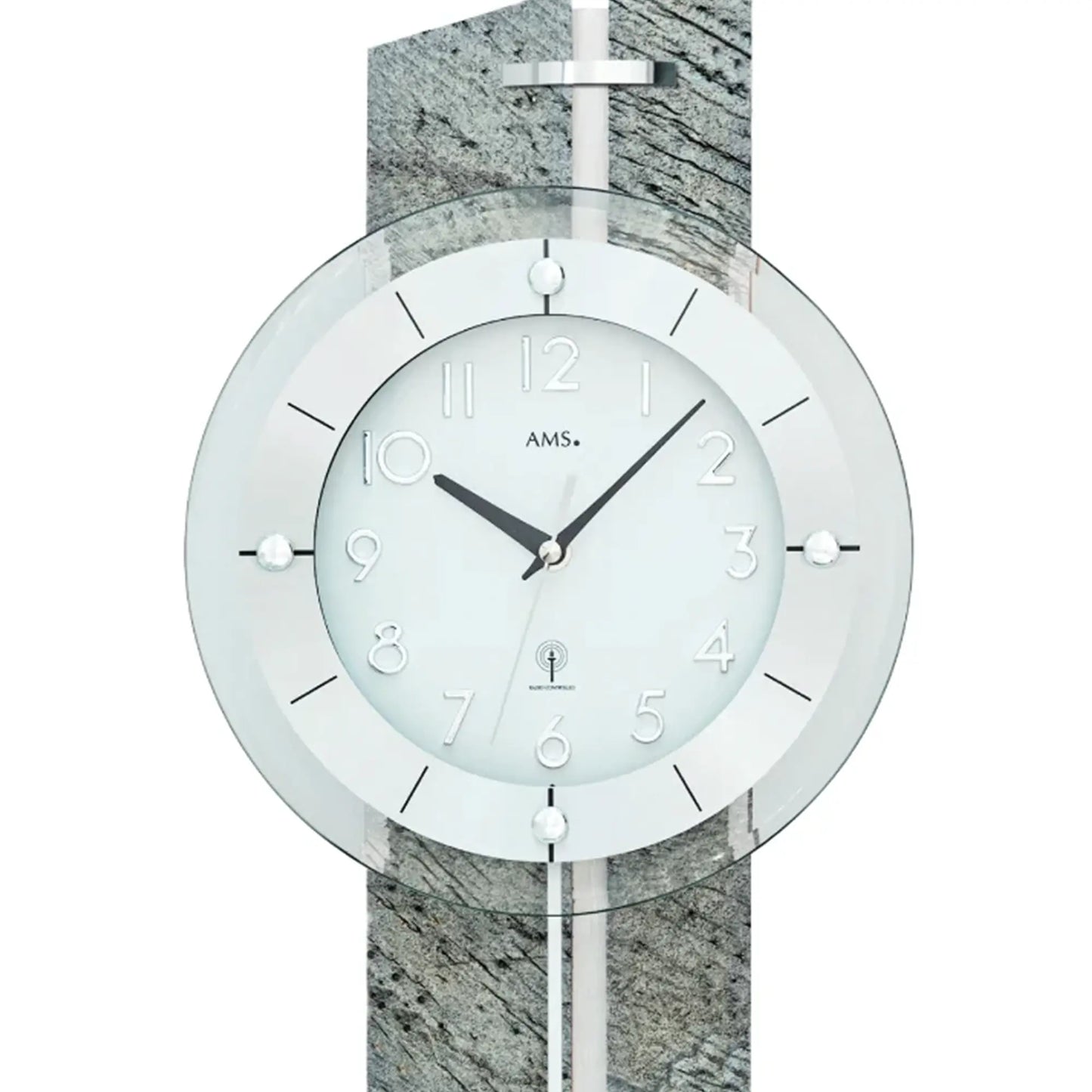 Wanduhr-Ziffernblatt mit großen Zahlen, AMS-Logo, Zeigern und Glasfront