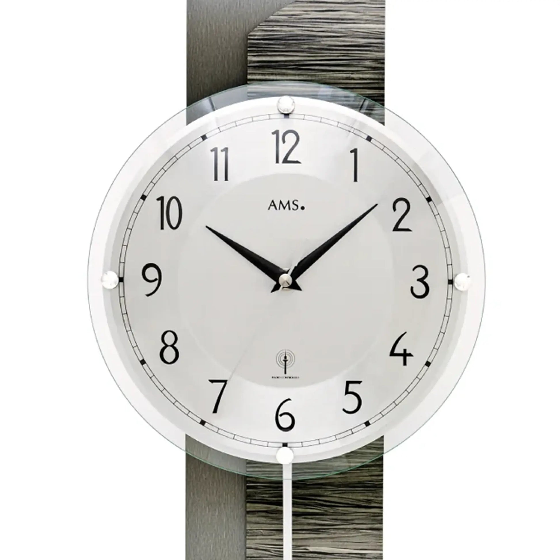 Wanduhr-Zifferblatt mit AMS, schwarzen Zeigern und pendelndem Kugelgewicht