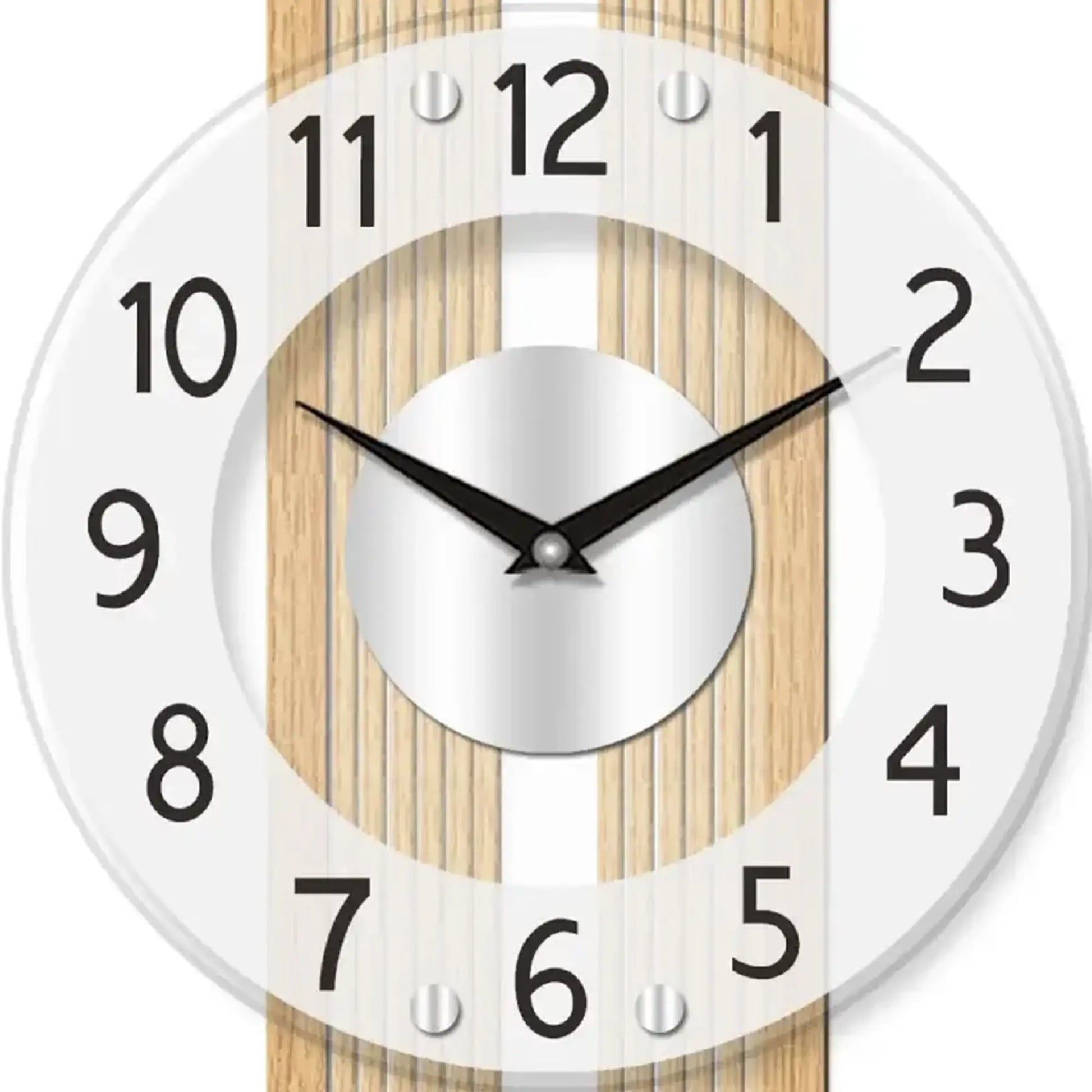 Detailansicht der AMS Wanduhr: satiniertes Mineralglas, Buchenholzstreifen, weiße Ziffern, schwarze Zeiger
