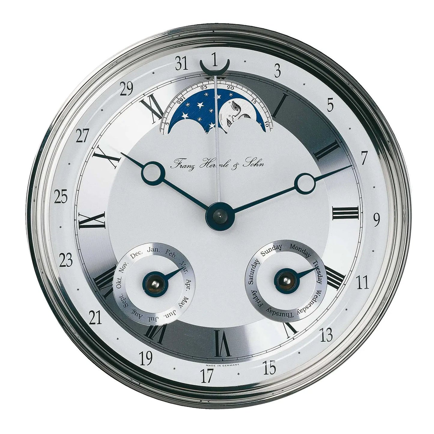 Esfera de reloj de pared de madera con números romanos y motivo de luna, azul