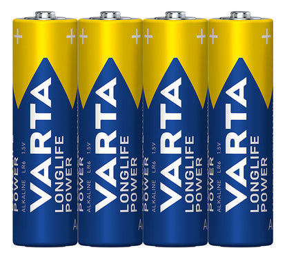 Batteripack med gul-blå batterier, trycket "LR20 Longlife Power" och pluspoler