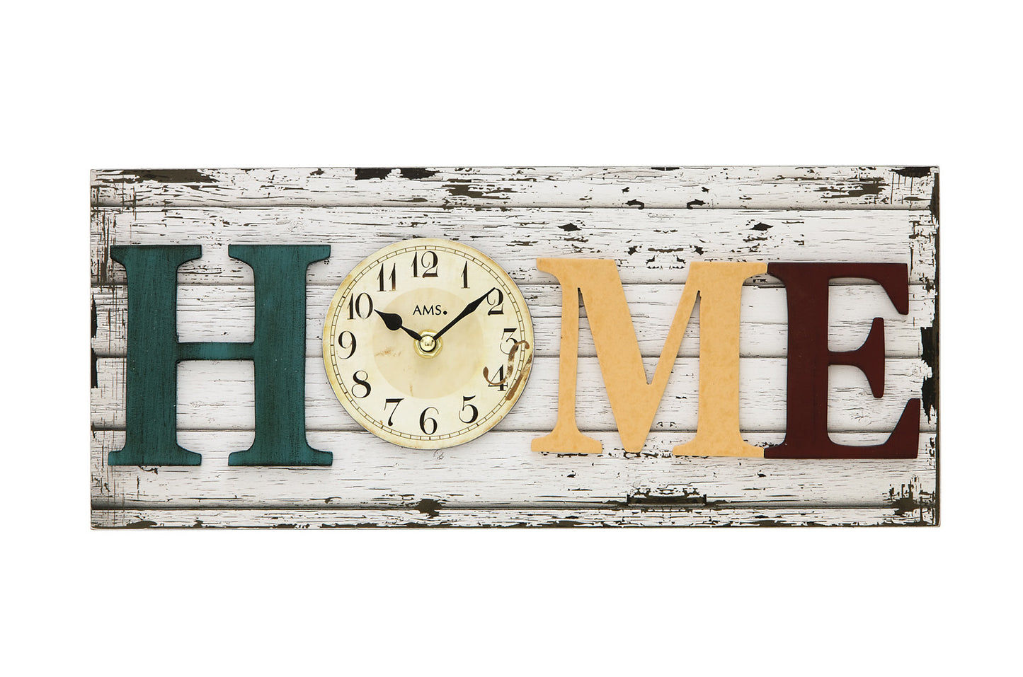 Rektangulär väggklocka med mineralglas, urtavla och träskylt med "HOME"-motiv