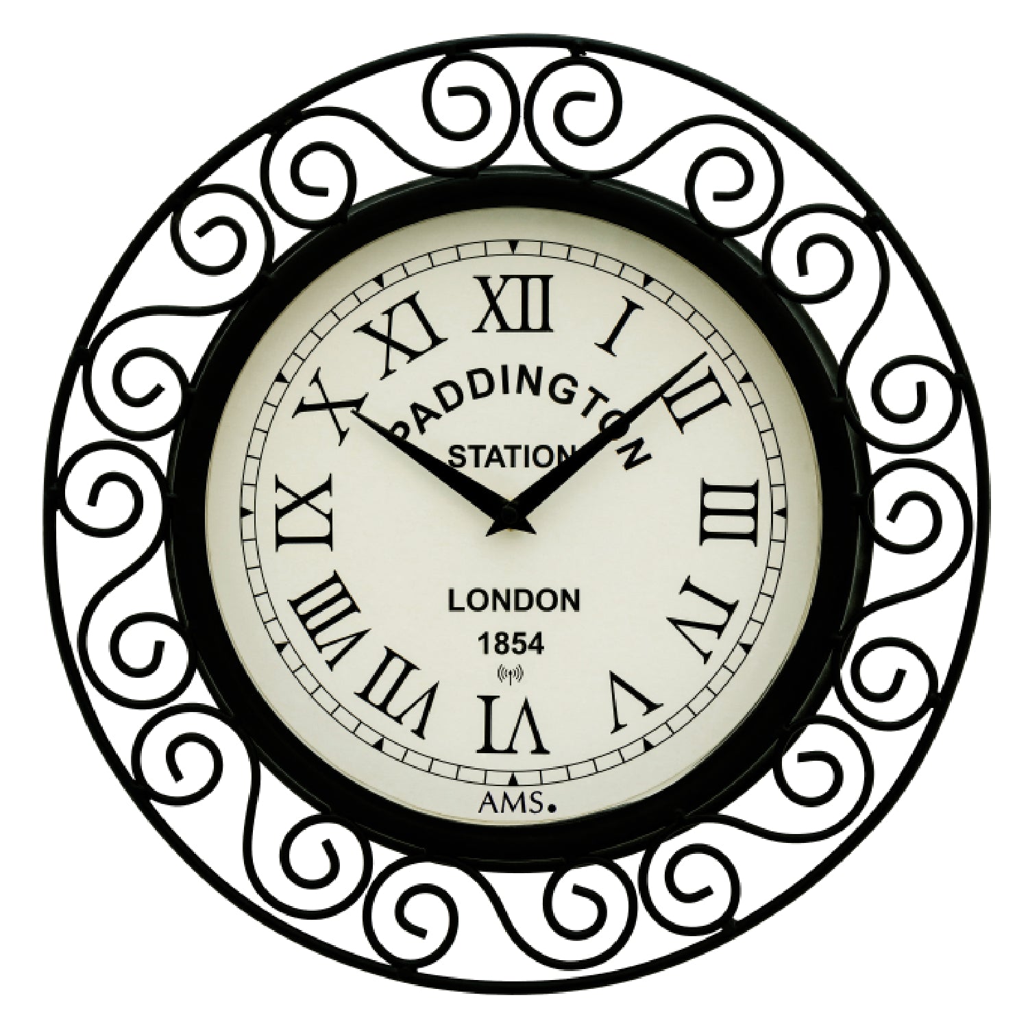 AMS radio-controlled wall clock with round black decorative frame, beige dial, Roman numerals, and hands
