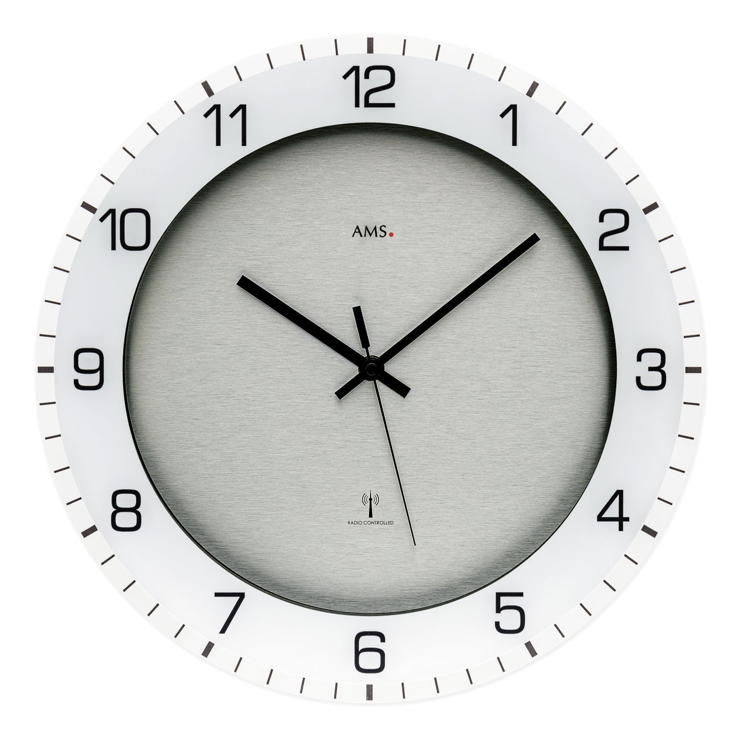 Radio wall clock with light gray dial, black hands, and Roman numerals