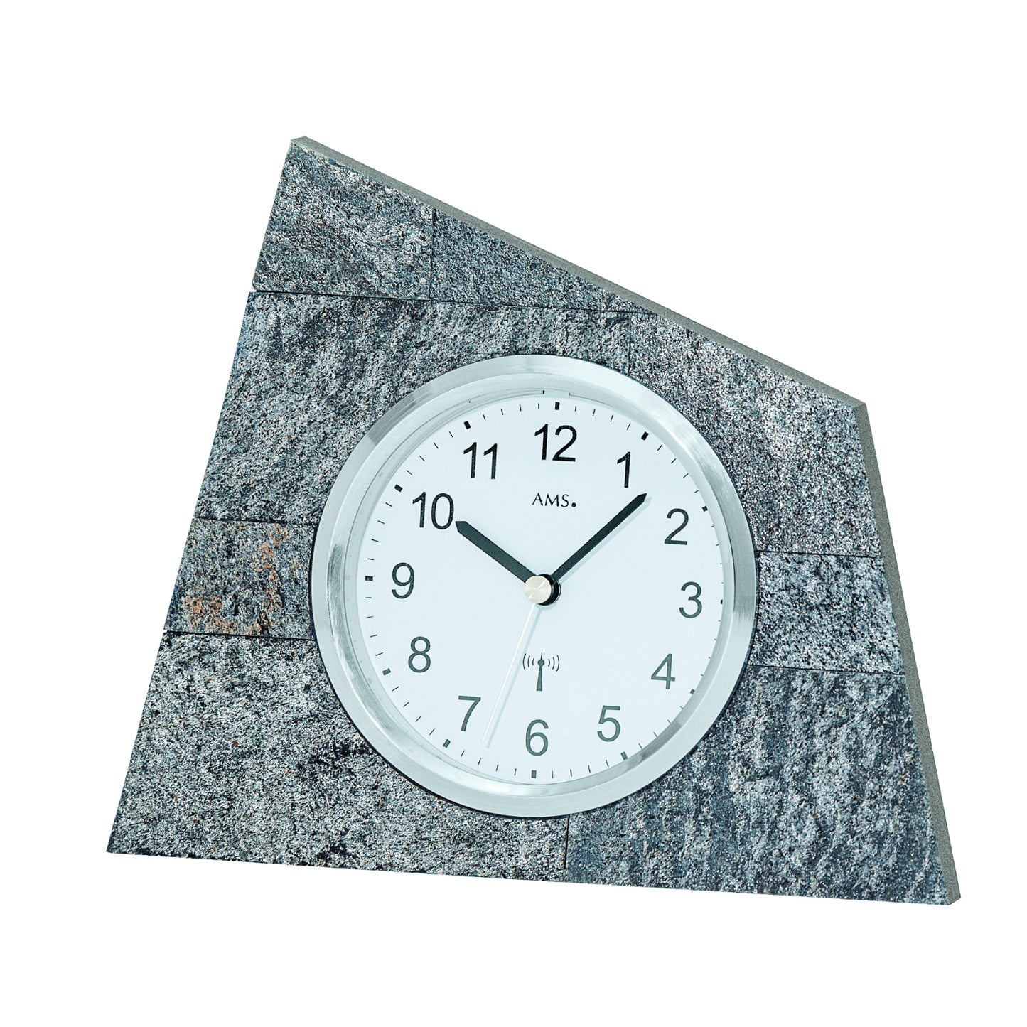 Bordsklocka med analog urtavla och grått naturstenshölje, rund front