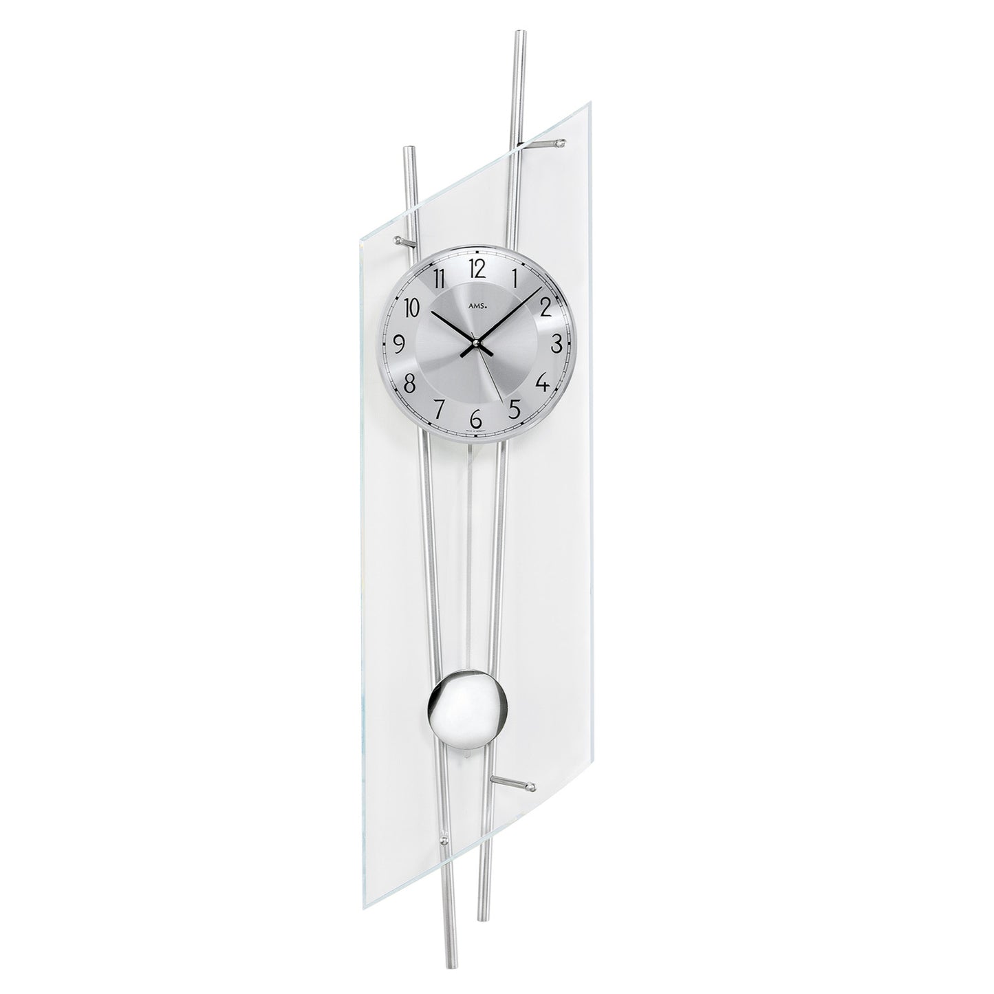 Väggklocka med rund urtavla, silverfärgad pendel och transparent glas