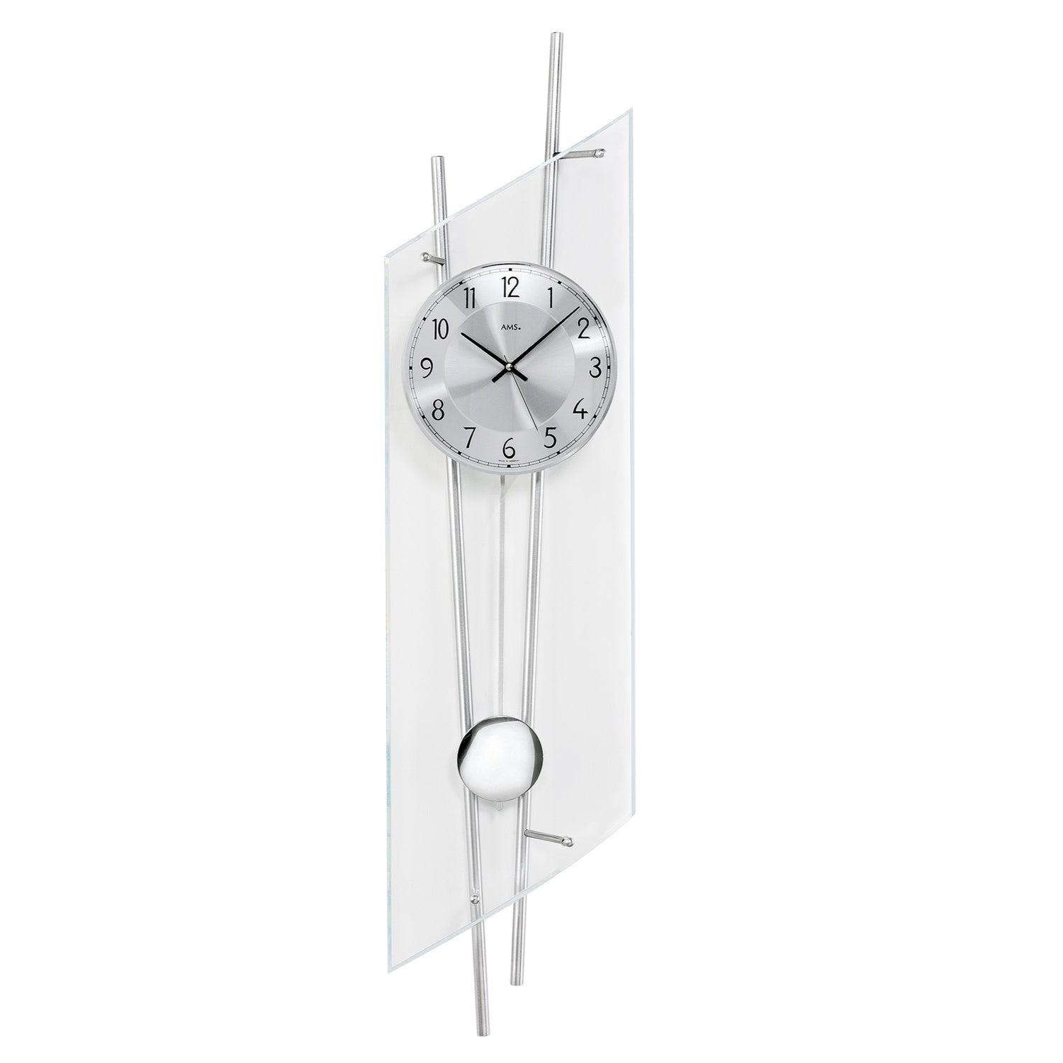 Väggklocka med rund urtavla, silverfärgad pendel och transparent glas
