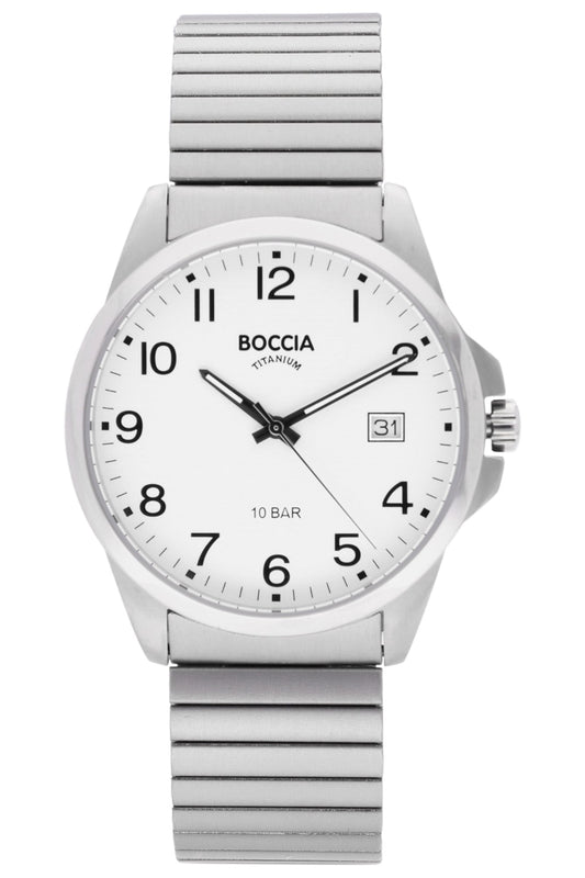 Boccia Herrenuhr aus Titan, silbernes Zugband, weißes Zifferblatt mit Datumsfenster