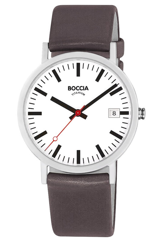 Boccia Classic Herrenuhr mit braunem Lederarmband und weißem Zifferblatt, schwarze Zeiger