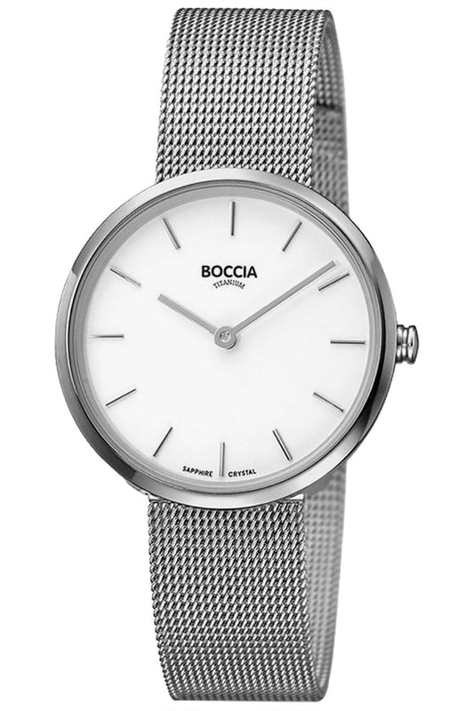 Boccia Damenarmbanduhr: silbernes Milanaise-Armband, weißes Zifferblatt, Saphirglas